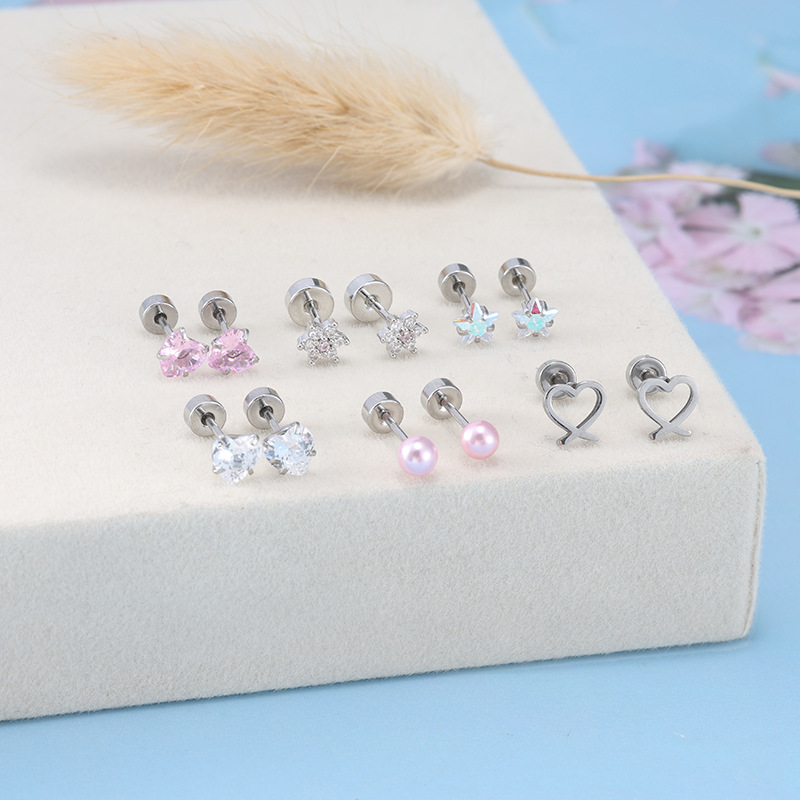 12 Hot-Selling Stainless Steel Five-Pointed Star Ear Studs with Threaded Round Flat-Back Design, Piercing Jewelry - Image 4