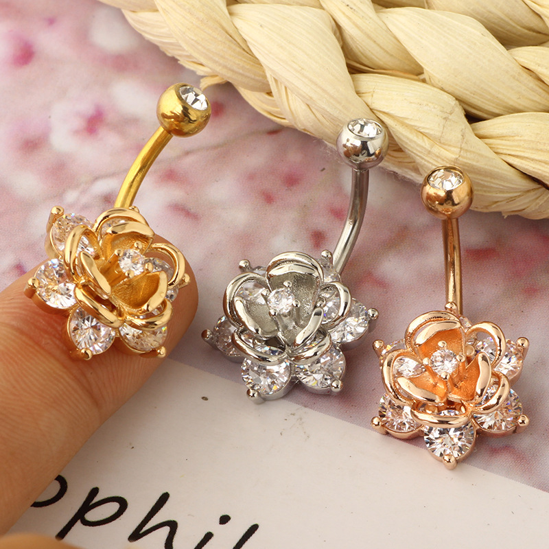 Exquisite Rose Gold Zircon Flower Navel Ring Stainless Steel Belly Button Piercing Jewelry - Image 5