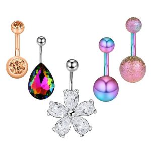 Stainless Steel Zircon Belly Ring Set - 5 Piece Navel Piercing Jewelry with Cactus Floral Design