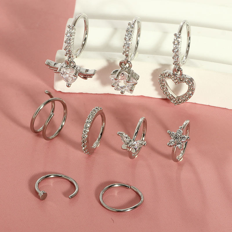 Stainless Steel Heart Nose Ring 20G Nose Nail Piercing Jewelry 9-Piece Set Trendy Classic - Image 2