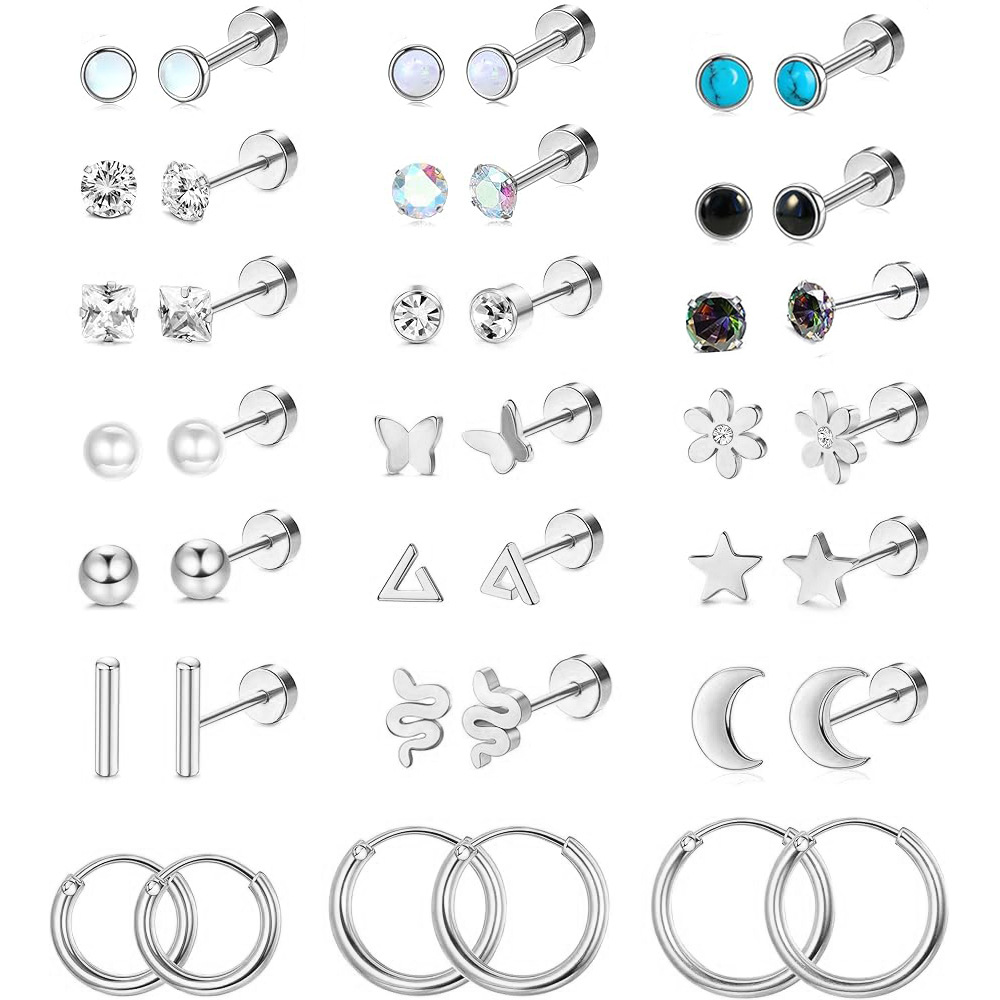 21 Pairs Aobao Pine Stone Stainless Steel Earrings Set - Human Body Piercing Ear Bone Nail Kit, Silver - Image 2