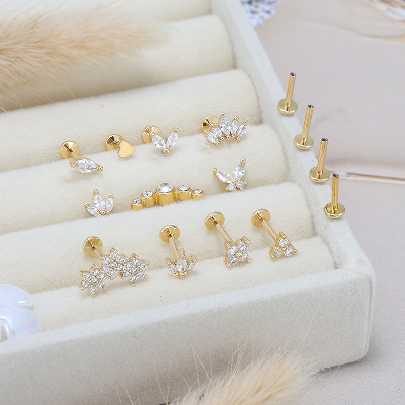 Stainless Steel + Copper Zircon Internal Thread Lip Piercing 16G Moon Cartilage Earring - Image 2