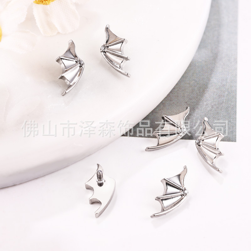 F136 Titanium Alloy Devil Wings Earrings with Diamond - Cartilage Flat Stud Lip Tongue Piercing Jewelry - Image 2