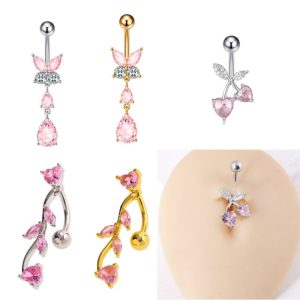 Sexy Inverted Peach Heart Long Navel Ring Marquise Belly Ring Set Copper Gold 2025 Summer