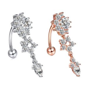 Navel Ring Dangle Flower Pendant Belly Button Ring Rose Gold Stainless Steel Women Piercing Jewelry