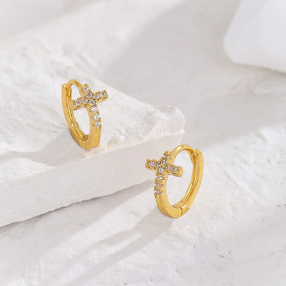 Cross Cross Inlaid Zircon Earrings for Women Hoop Ear Buckle Simple Niche Design - Image 3