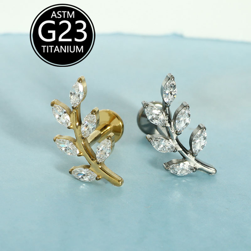 2025 New ASTm F-136 Titanium Alloy Full Diamond Leaf Lip Nail Ear Bone Nail Cross-Border Earrings Piercing Jewelry - Image 3