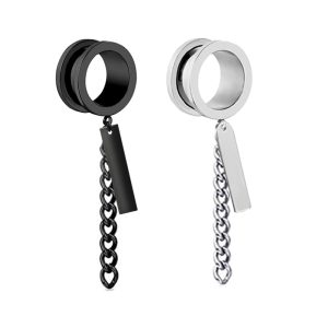 Screw Straight Chain Pendant Ear Expander Earrings 316L Surgical Steel 25mm 18K Gold Plated Black