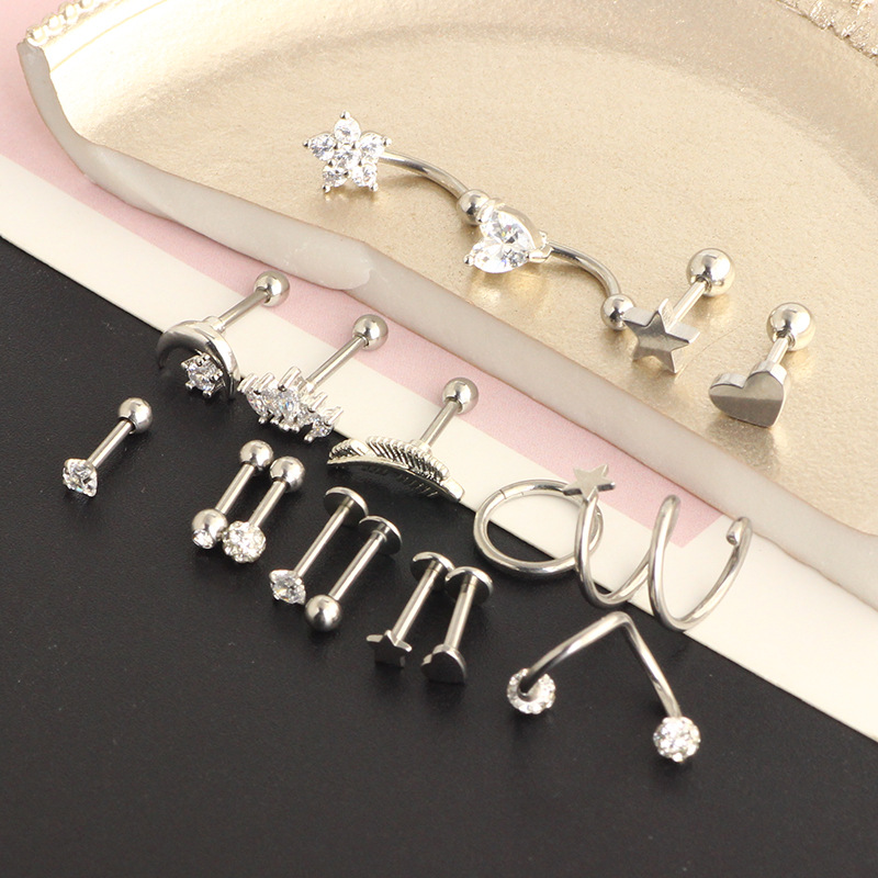 17pcs Stainless Steel 16G Ear Piercing Set: Love Earrings, Ear Clip, Ear Nail, Cartilage Studs - Image 4