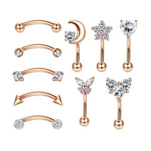 Stainless Steel Heart Shape Eyebrow Piercing Jewelry - Invisible Lip Nail with Black Zircon - 18K Gold Plated