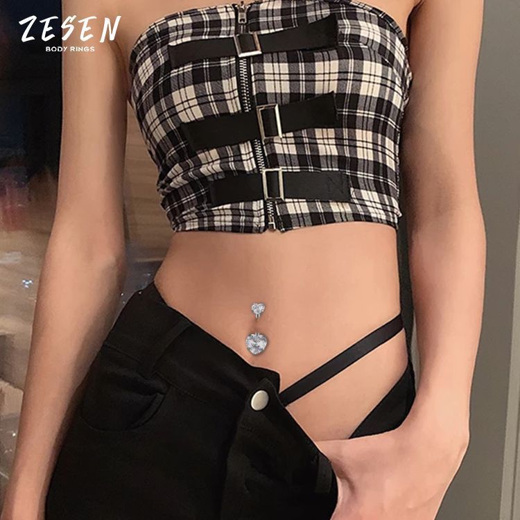 Heart-Shaped CZ Belly Button Ring Stainless Steel Double Head Dangle Navel Piercing Jewelry - Image 2