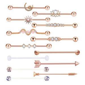 18K Gold Industrial Barbell Ear Studs 14G Double Ear Piercing Ear Bridge Flower Earrings 13Pcs