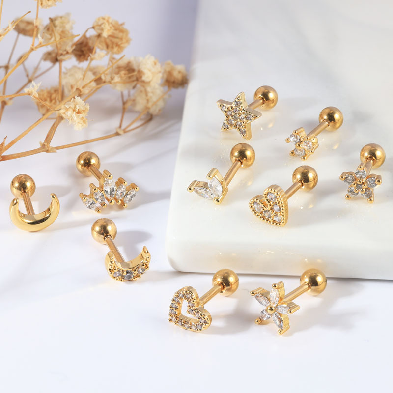 Elegant Stainless Steel Moon Heart-shaped Earrings for Women - Copper Base with Zircon - Fashion Star Ear Nails - Image 4