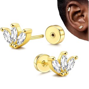 1 Pair Stainless Steel + Copper Plated Real Gold Zirconia Ear Bone Studs, 20G Fine Rod Piercing Jewelry, Hot-Selling Cross-Border Product, In Stock