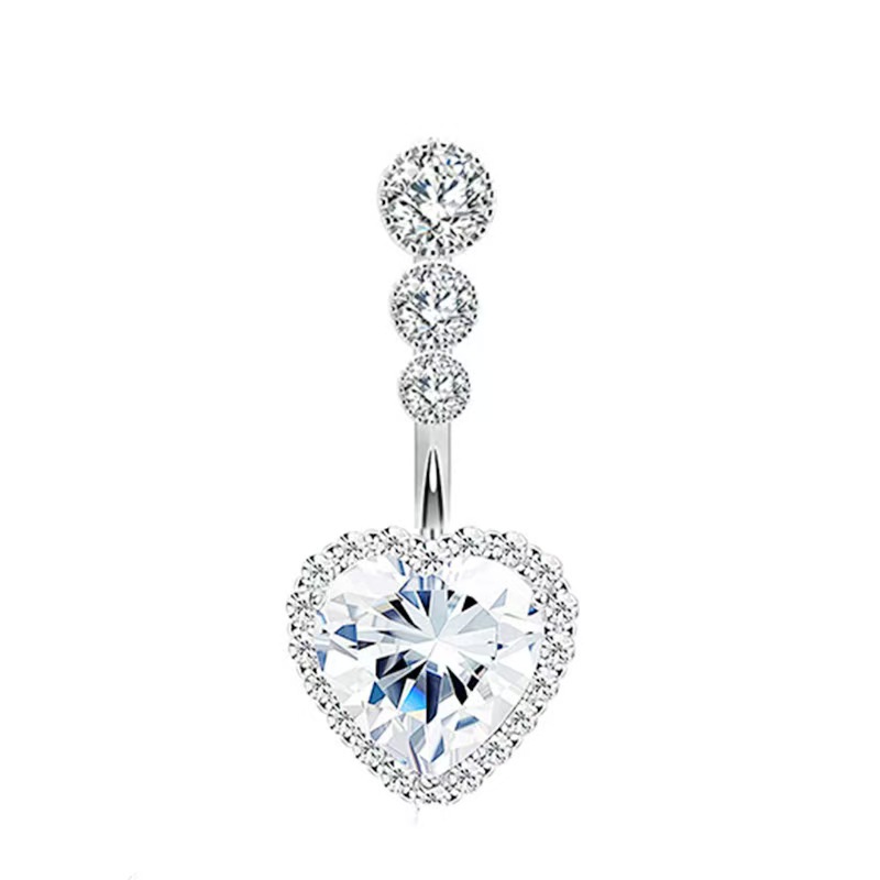 Zircon Belly Button Ring Dangle Piercing Jewelry - White Gold Tone Copper, Sparkle Navel Ring for Women - Image 3