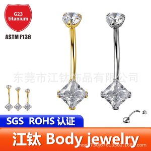 G23 Titanium Alloy Square Zircon Navel Piercing Ring - 14G 1.6mm Bar, Gold Polished Belly Button Jewelry
