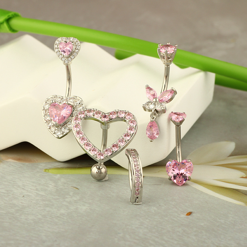 Amazon New Heart-shaped Round Piercing Jewelry Navel Ring Copper Set Zircon Stainless Steel Umbilical Nail - Image 4