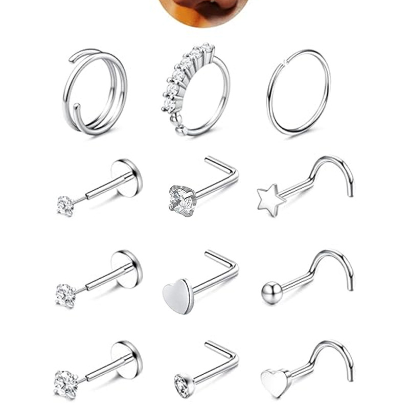 Stainless Steel 12-Piece Nose Stud Set Basic Nose Ring with Heart-Shaped Zircon Piercing Jewelry Best Seller - Image 5