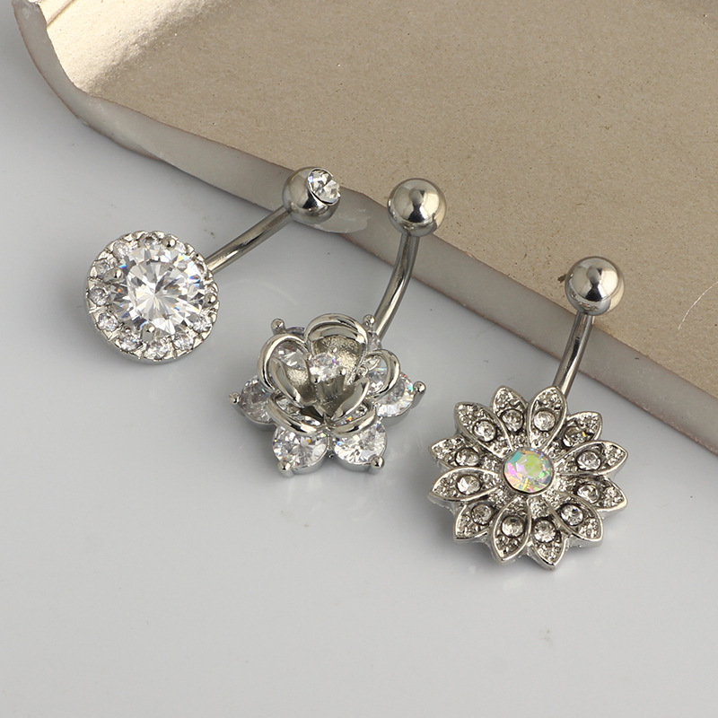 Nine Gems Stainless Steel Belly Button Ring Set - 3 Pieces Navel Piercing Jewelry Rose Gold Sunflower - Image 3