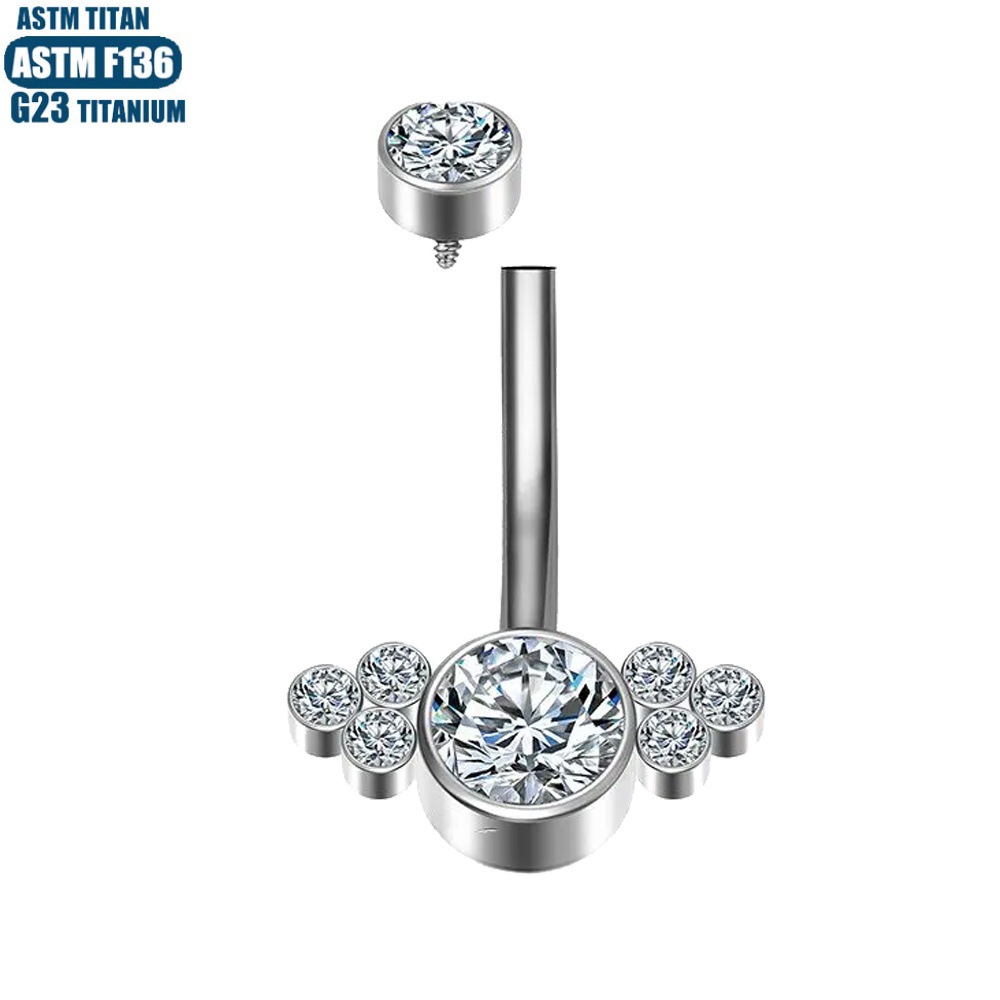 14G Implant Grade Titanium Navel Ring F136 Internally Threaded Diamond-Encrusted Belly Button Jewelry Silver - Image 3