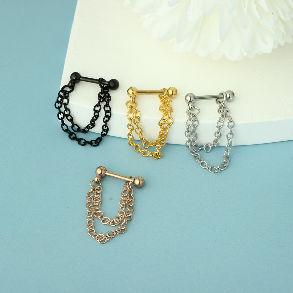 Double Chain Ear Bone Nail Titanium Steel Earring - Gold Flower Design for Women - Image 3