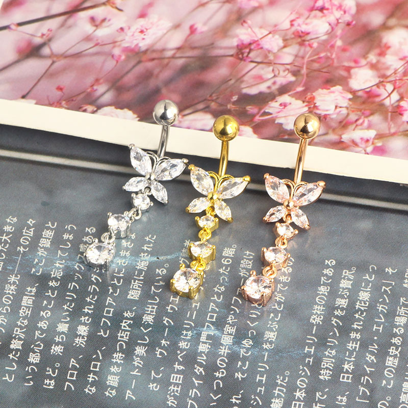 Creative Butterfly Zircon Belly Button Ring Rose Gold Stainless Steel Navel Piercing Jewelry 3 Colors - Image 3