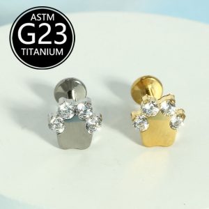 G23 Titanium Alloy Bear Paw Internal Thread Zircon-Inlaid Lip Stud and Ear Stud Body Piercing Jewelry