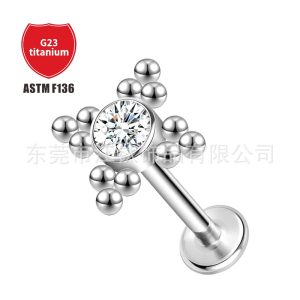 ASTM F136 G23 Titanium Labret Stud Lip Piercing Jewelry Zircon Internal Thread 1.2x12mm
