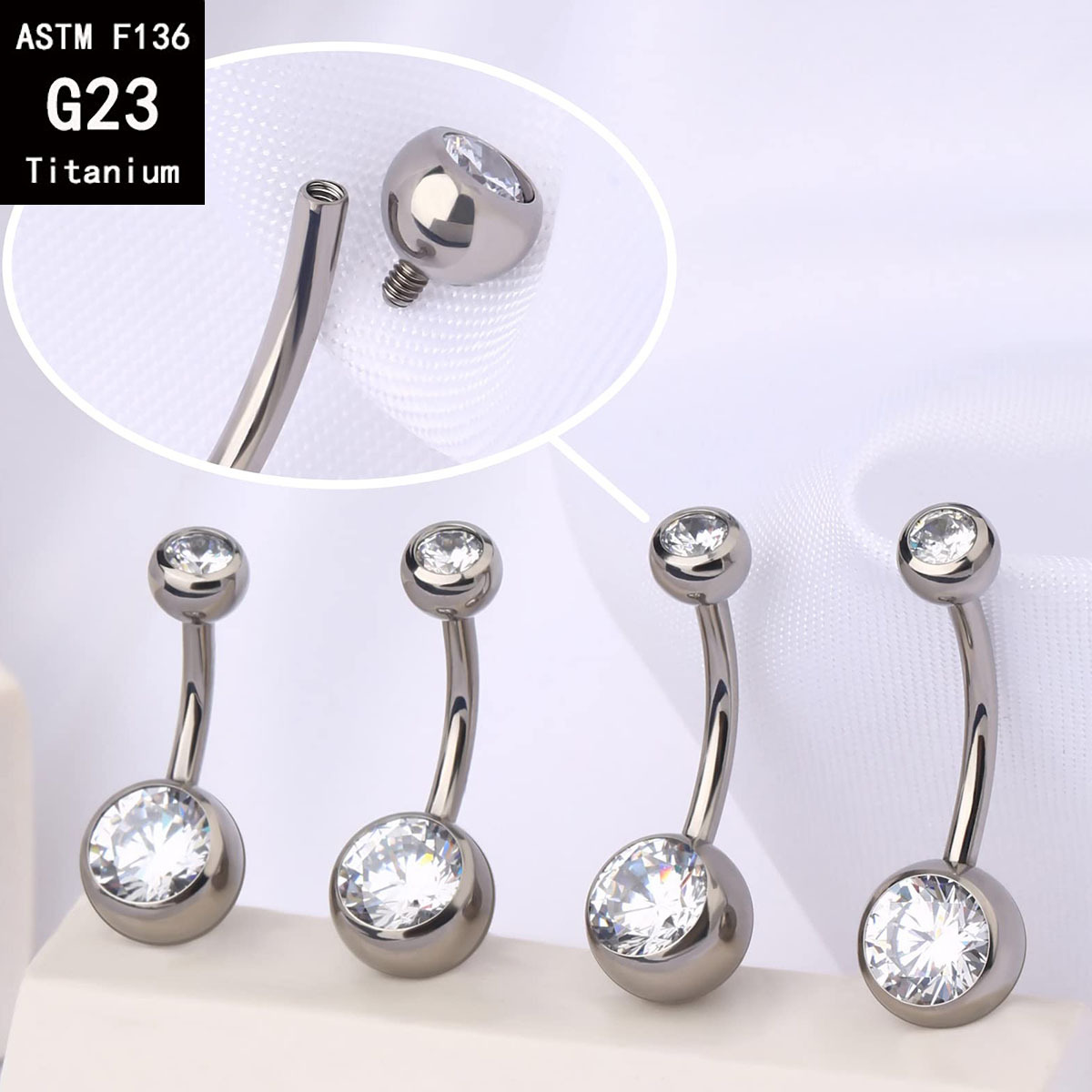 G23 Titanium Internally Threaded Double Head Drill Edge Inlaid Zircon Navel Ring Body Piercing Jewelry - Image 3