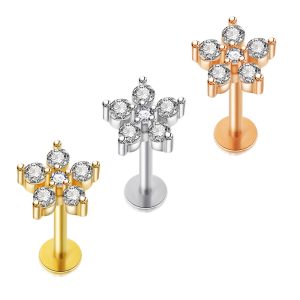 Zircon Flower 8mm Rose Gold Stainless Steel Ear Stud Earring for Women Body Piercing Jewelry