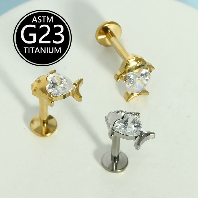 F136 Heart-Shaped Fish Lip Piercing with Zircon Inlay, Dolphin G23 Titanium Body Piercing, Ear Cartilage Stud, Sold Individually - Image 3