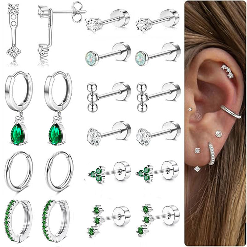 10-Pair Fashion Stainless Steel CZ Butterfly Clasp Earrings & Hoop Earring Set Silver - Image 4