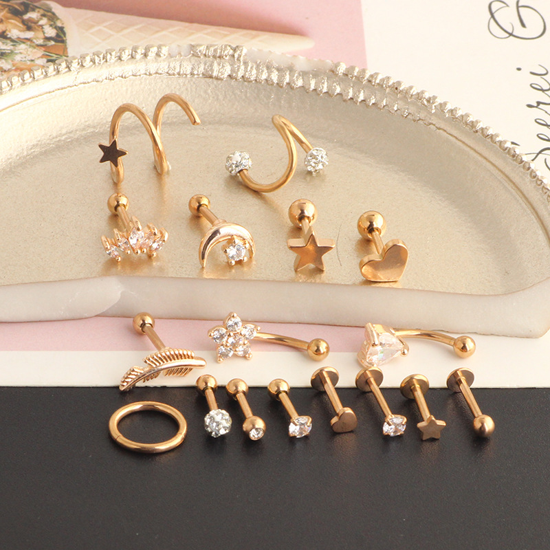 17pcs Stainless Steel 16G Ear Piercing Set: Love Earrings, Ear Clip, Ear Nail, Cartilage Studs - Image 3