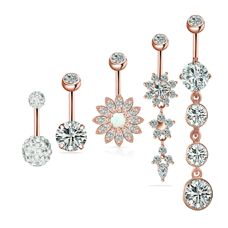 5 Piece Stainless Steel Zircon Diamond Navel Ring Set with Opal and Opalite Balls - Rose Gold - Image 2