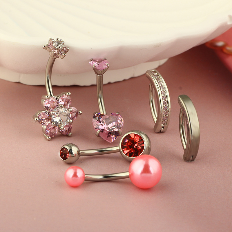 Stainless Steel Belly Button Ring Set Micro-Set Zircon Navel Studs 6-Pack Geometric Flower Jewelry - Image 4