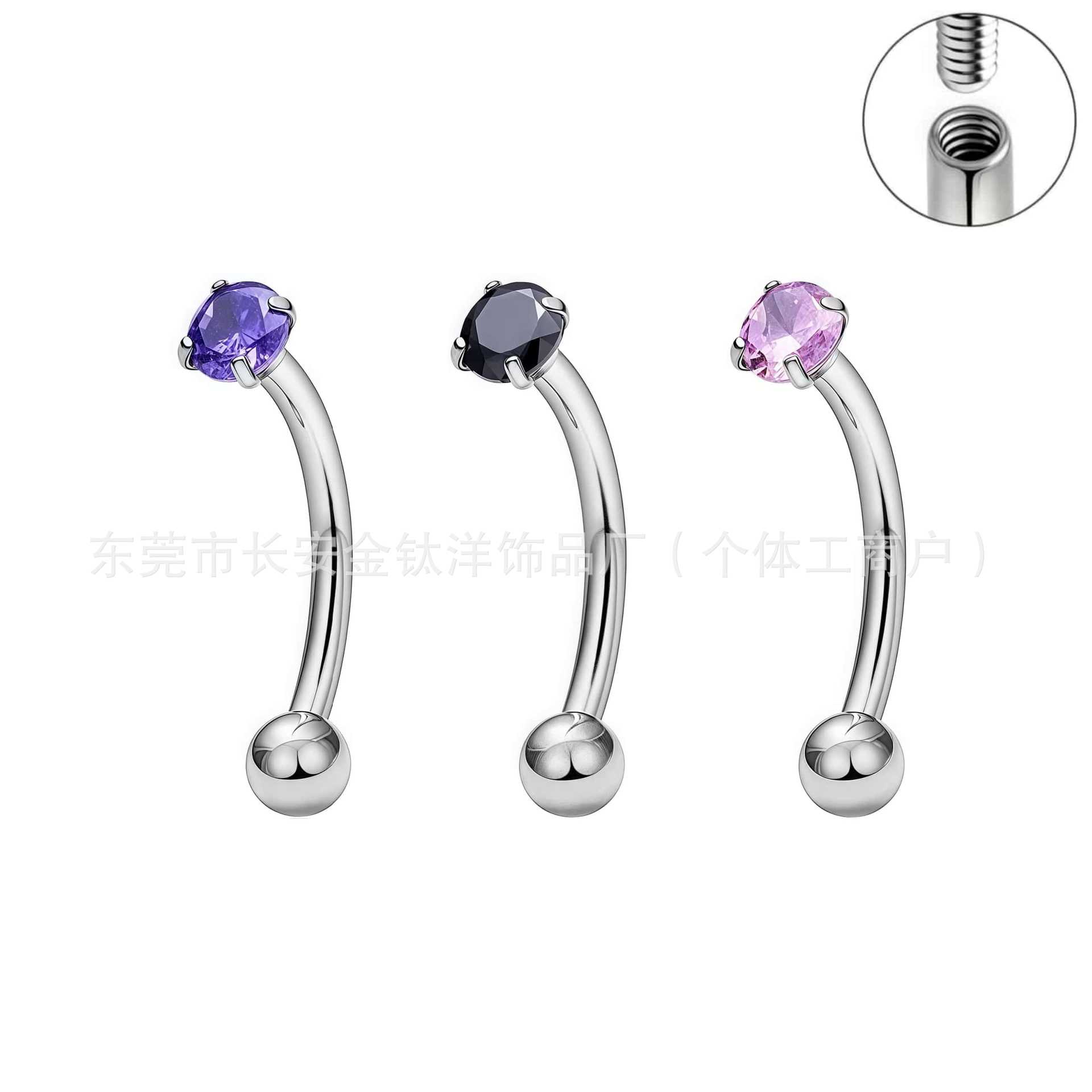 F136 Titanium Internally Threaded Eyebrow Rook Curved Barbell with 5A Zircon - Image 3