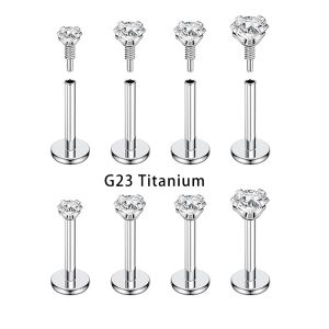 G23 Titanium Labret Stud with Zircon Gem - Internal Thread Ear Bone Cochlear Flat Bottom Lip Piercing Jewelry 1 Piece