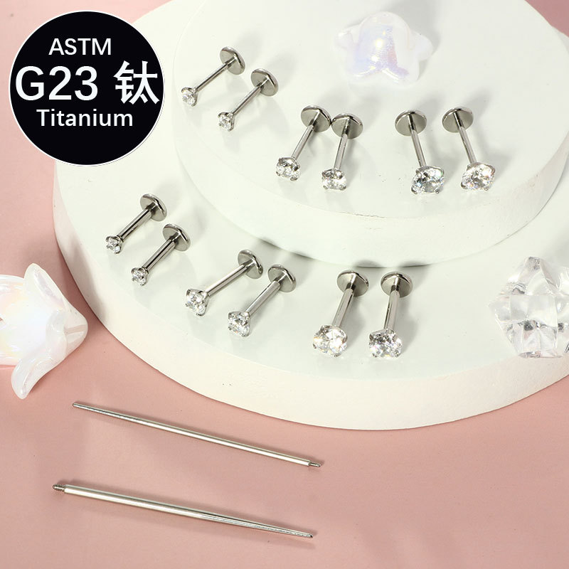 G23 Titanium Labret Stud with Zircon Gem - Internal Thread Ear Bone Cochlear Flat Bottom Lip Piercing Jewelry 1 Piece - Image 2