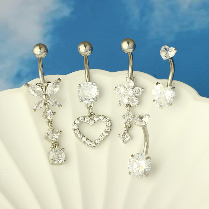 Heart-Shaped 5-Piece Belly Button Ring Set with CZ Stones - Silver 316L Surgical Steel Body Piercing Jewelry - Image 4