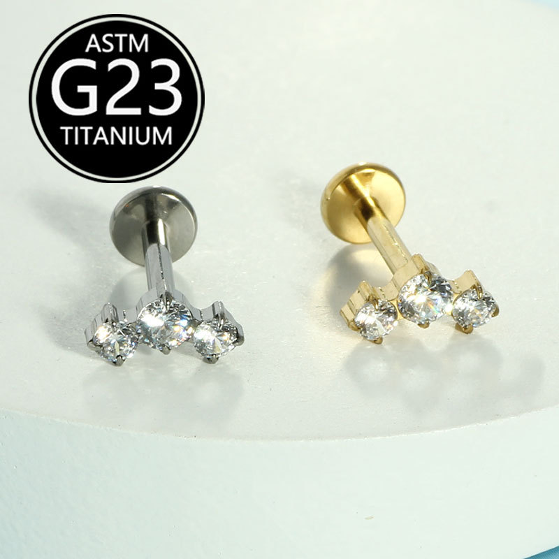 G23 Titanium Lip Stud with Zircon Internally Threaded Piercing Jewelry Cartilage Ear Bone Stud - Image 2