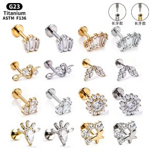 F136 Titanium Alloy Ear Studs – Finely Carved Long Tooth Ear Bone Studs with Zirconia, G23 Titanium Body Piercing Jewelry in Gold