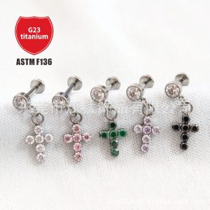 F136 Titanium Stud Earring Cylindrical Cross Pendant Inlaid 5A Zircon G23 Titanium Alloy Body Piercing Ear Bone Stud
