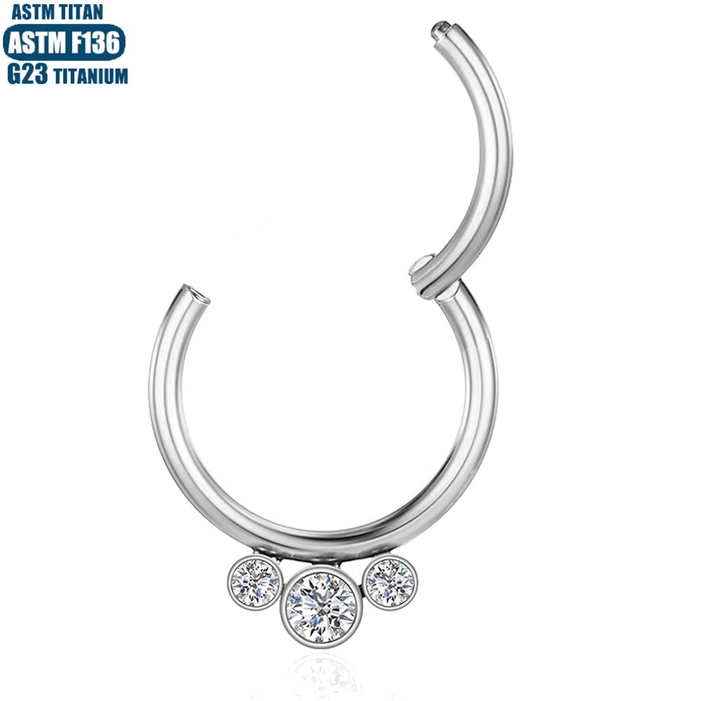 F136 Titanium Alloy Hinge Perforated Nose Ring with 3 Zircon - Seamless Open Ring Piercing Earrings Nasal Septal Ring - Image 3