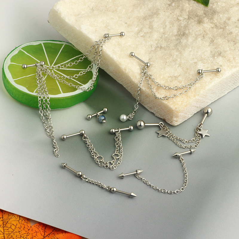 Amazon Cross-Border Pearl Ear Chain Five-Pointed Star Ear Bone Stud Fashion Jewelry Wholesale - Stainless Steel - Image 3