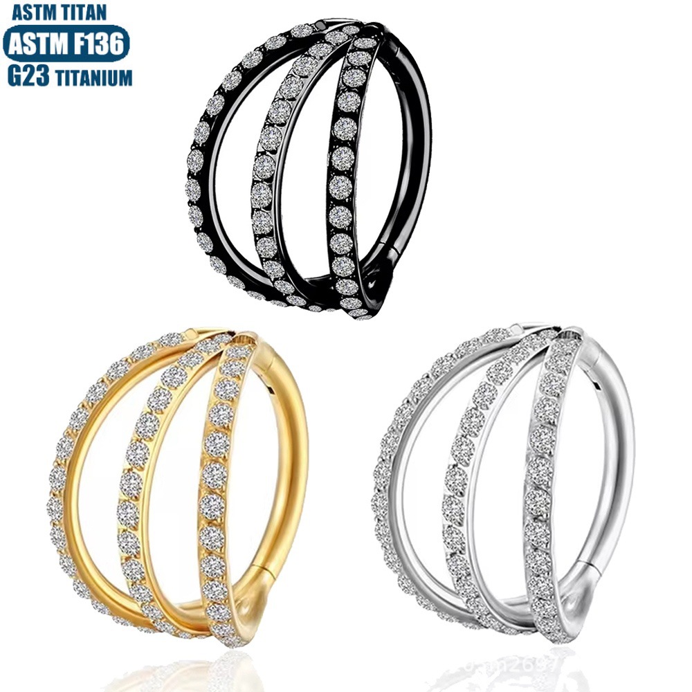 F136 Titanium Diamond-Encrusted Nose Ring, 3-Leaf Split Design Ear Hoop, Hinged Cartilage Stud Earrings, Full Diamond Fashion Ol Style - Image 5