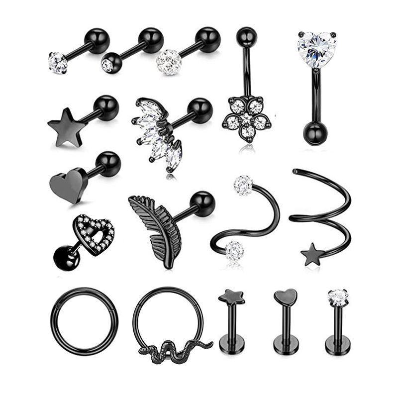 Zircon Star Cartilage Earrings Set - 17Pcs Rose Gold Stainless Steel Ear Piercing Jewelry - Image 4