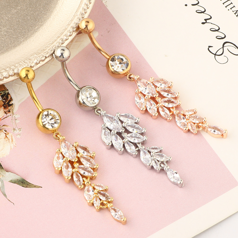 Rose Gold Diamond Leaf Navel Ring Belly Button Piercing Jewelry Stainless Steel - Image 3