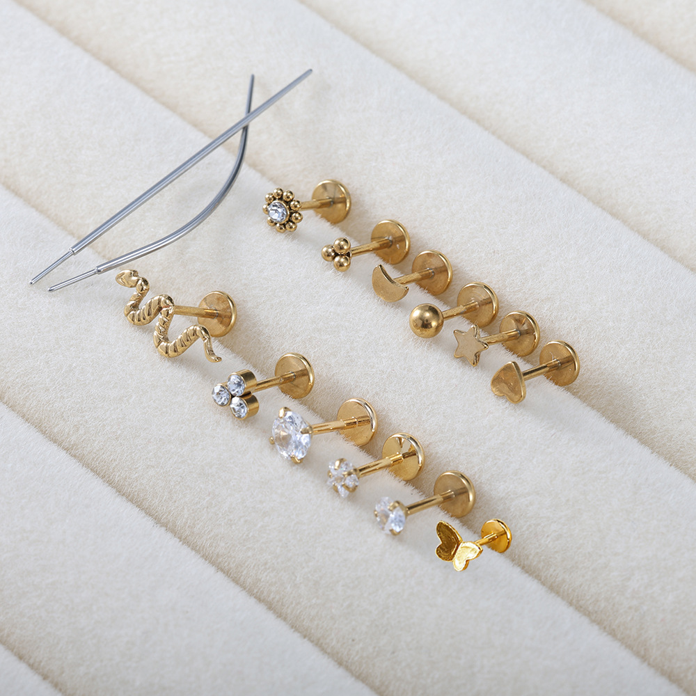 Metallic Minimalist Stainless Steel Lip Stud Ear Bone Stud Set - CZ Butterfly Earrings for Women - Image 3