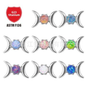 G23 Titanium Alloy Double Moon Crescent Ear Piercing Jewelry with Opal - Cartilage Stud for Men Women