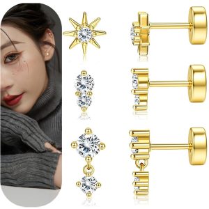 Gold Electroplated Stainless Steel Stud Earrings with Zirconia - Simple Geometric Cartilage Ear Bone Stud Jewelry